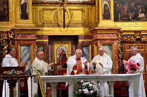 Father David Brinkmoeller concelebrates Mass at the tomb of St. Teresa of Avila in Alba de Tomres, Spain on the Marian Pilgramage in 2017.. From left to right, Father Tom Wray, Father Jan Schmidt, Bishop Joseph Binzer, Father David Brinkmoeller, and Father Tim Ralston. (CT Photo/Greg Hartman)