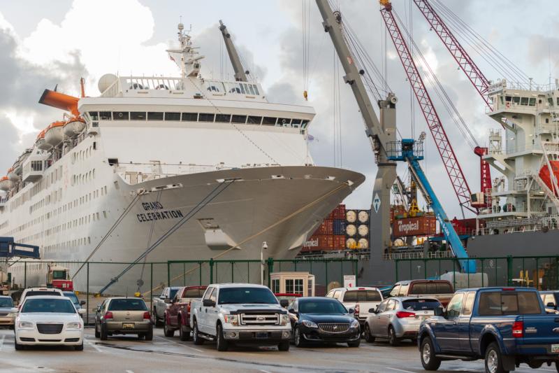 The Grand Bahama cruise ship stands ready Sept. 12, 2019, at the port in Palm Beach, Fla., awaiting its second Bahamas humanitarian cruise. It was set to sail Sept. 14 to deliver supplies and first responders to the Bahamas, before returning to Florida with more Hurricane Dorian evacuees. (CNS photo/Tom Tracy) 