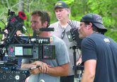 yler Nilson (left), David Thies (center), and Michael Schwartz (right) on the set of The Peanut Butter Falcon.