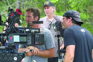 yler Nilson (left), David Thies (center), and Michael Schwartz (right) on the set of The Peanut Butter Falcon.