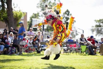 A St. Joseph's student dances in a pow wow. Courtesy of St. Joseph's Indian School.