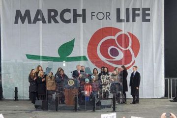 President Donald Trump takes the stage at the 2020 March for Life. Credit: Peter Zelasko/CNA