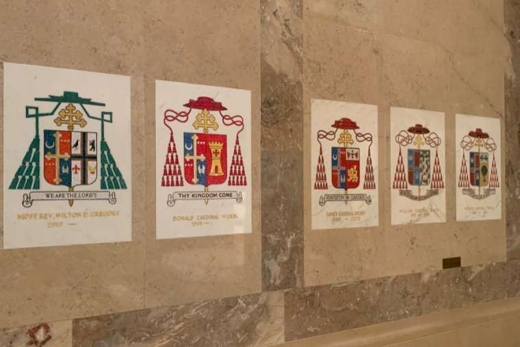 Coats of arms on display in the Cathedral of St. Matthew, Washington, after the removal of the arms of Theodore McCarrick. Credit: Christine Rousselle/CNA