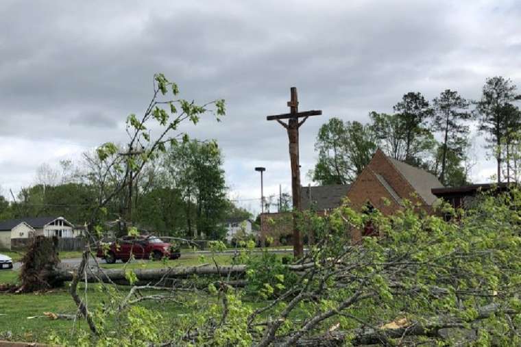 A crucifix outside a Tennessee church after storms over Easter, 2020. Credit: Office of Rep. Chuck Fleischmann