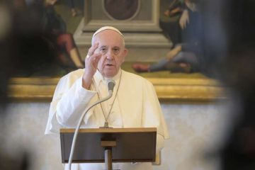 Pope Francis gives a blessing from the apostolic library after the Regina coeli April 26, 2020. Credit: Vatican Media.