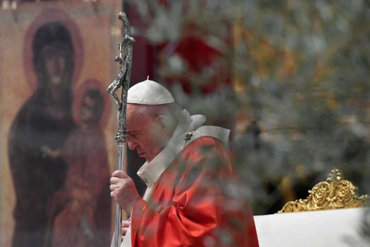 Pope Francis prays during Palm Sunday Mass April 5, 2020. Credit: Vatican Media/CNA