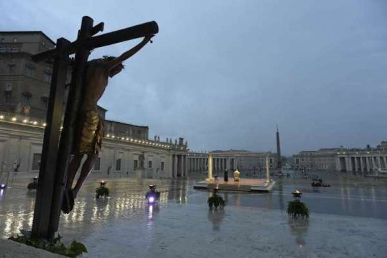 Pope Francis speaks in an empty St. Peter's Square during a holy hour and extraordinary Urbi et Orbi blessing, March 27, 2020. Credit: Vatican Media/CNA