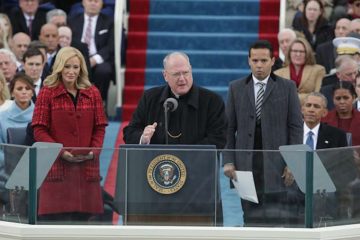 Cardinal Timothy Dolan delivers remarks on the West Front of the U.S. Capitol at the January 20, 2017 inauguration ceremony of Donald Trump. Credit: Alex Wong/Getty Images