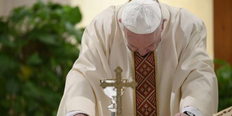 Pope Francis offers Mass in Casa Santa Marta on May 11, 2020. Credit: Vatican Media/CNA