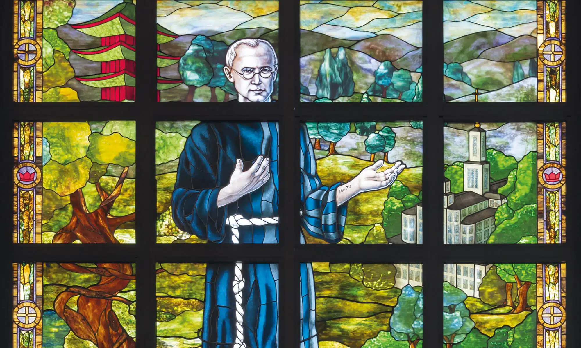 Stained glass window the life of Saint Maximillian Kolbe